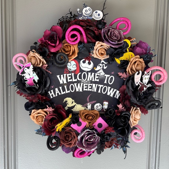 Other - Halloween Town Wreath with Pink and Black Roses